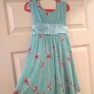 Y2K Aqua Embroidered Floral Tank dress with ruffle hem and silk ribbon